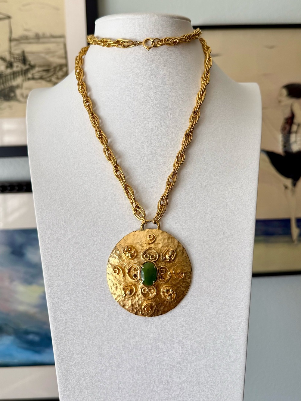 Vintage Etruscan Gold Plated Medallion Necklace with Green Jade Cabochon Pendant
